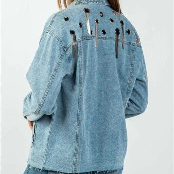 Metal Fringe Grommet Denim Jacket
