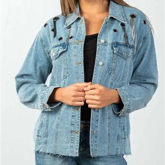 Metal Fringe Grommet Denim Jacket