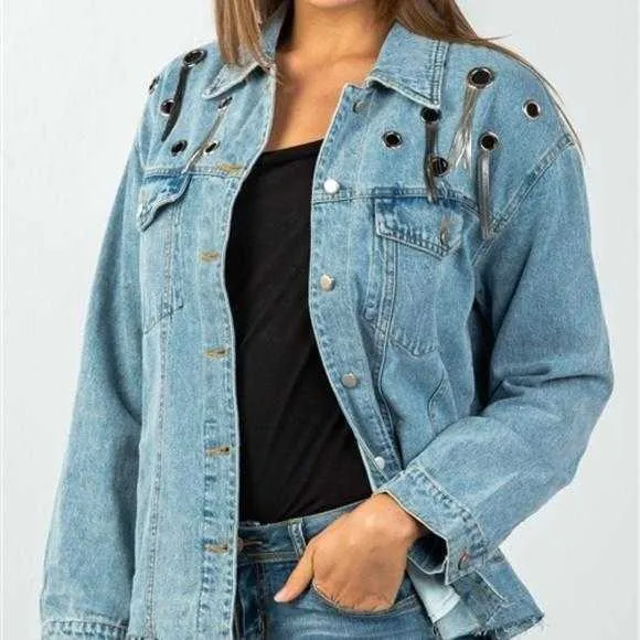 Metal Fringe Grommet Denim Jacket