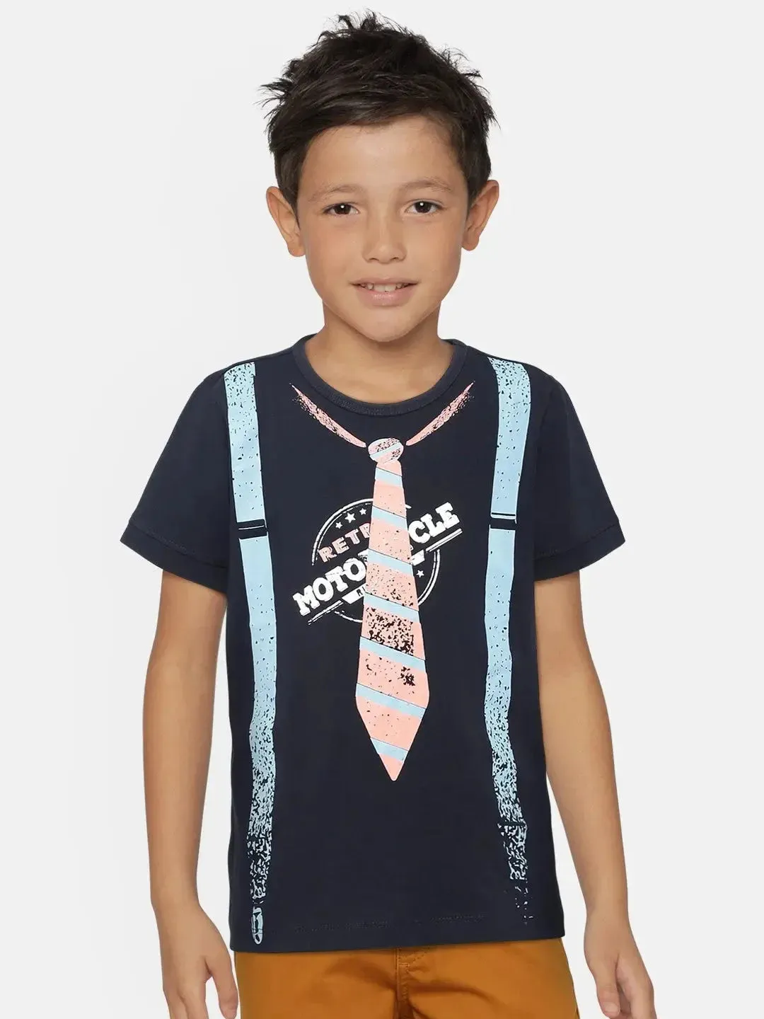 Navy Blue Tie Printed Cotton T-shirt