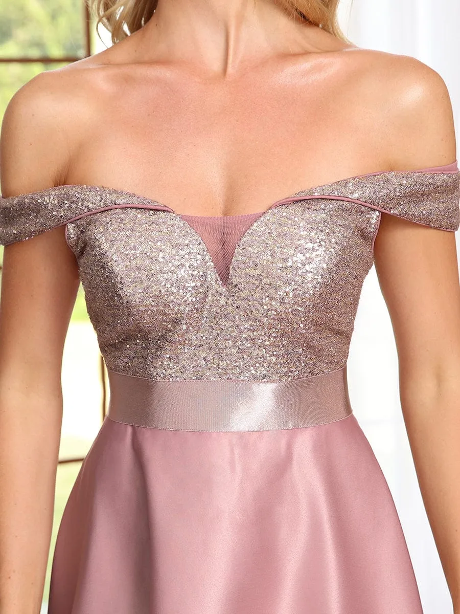 Sequin Off-Shoulder Illusion Sweetheart Ribbon Waist High Low Evening Dress