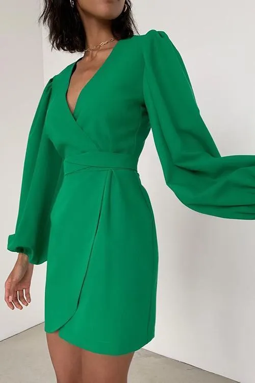 V Neck Puff Sleeve Slit Hem Mini Dress