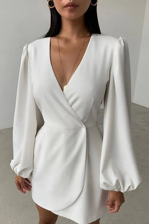 V Neck Puff Sleeve Slit Hem Mini Dress