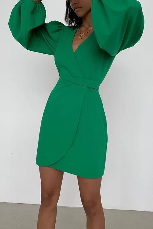 V Neck Puff Sleeve Slit Hem Mini Dress