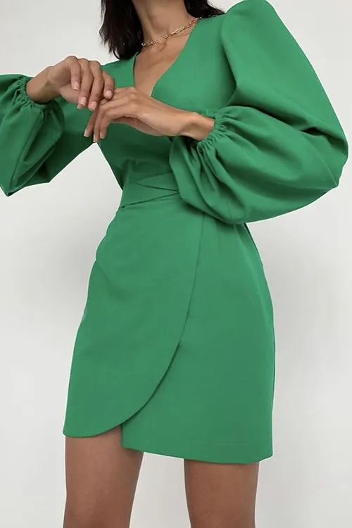 V Neck Puff Sleeve Slit Hem Mini Dress