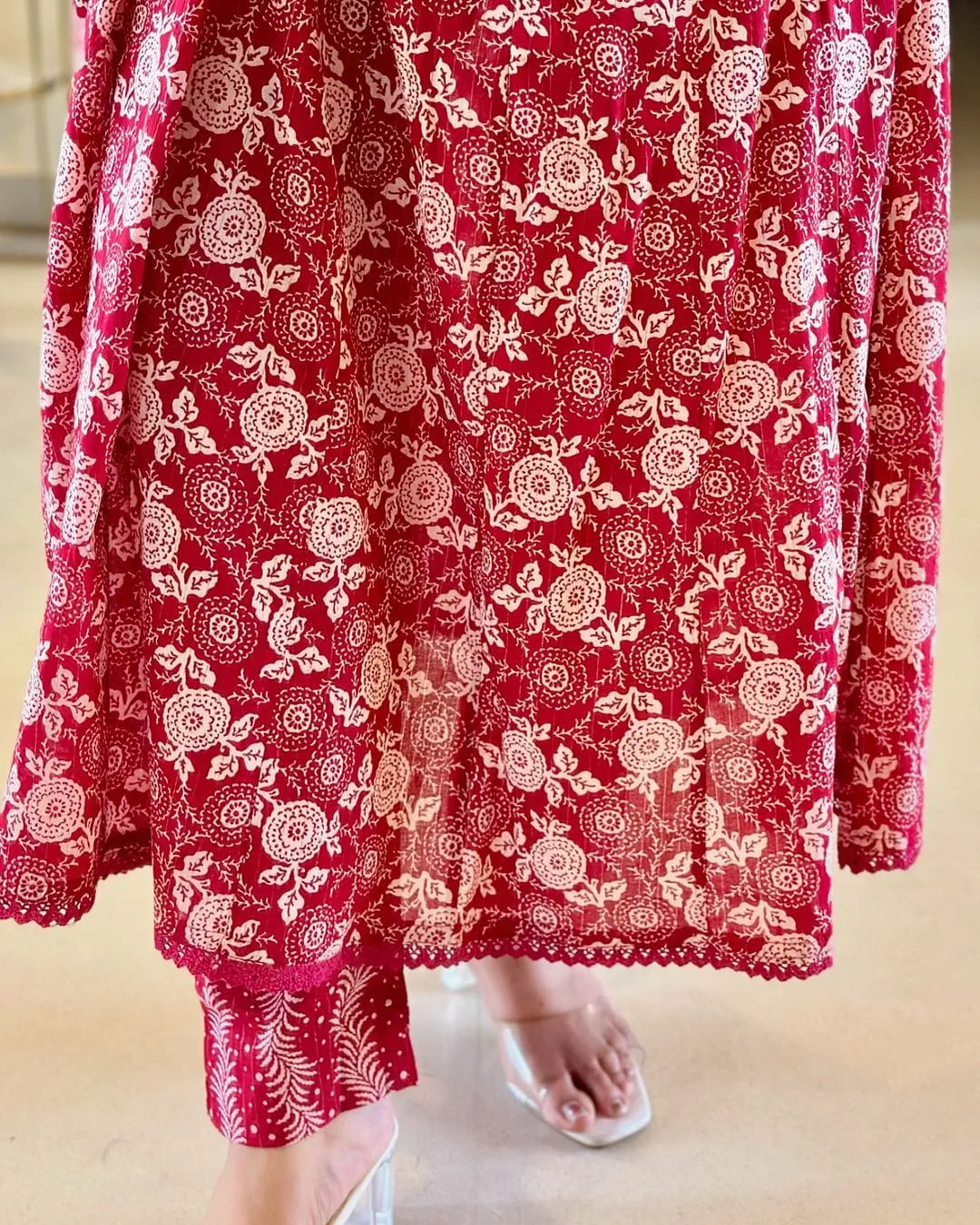 Women's Cotton Printed Red Kurta Set With Palazzo & Dupatta