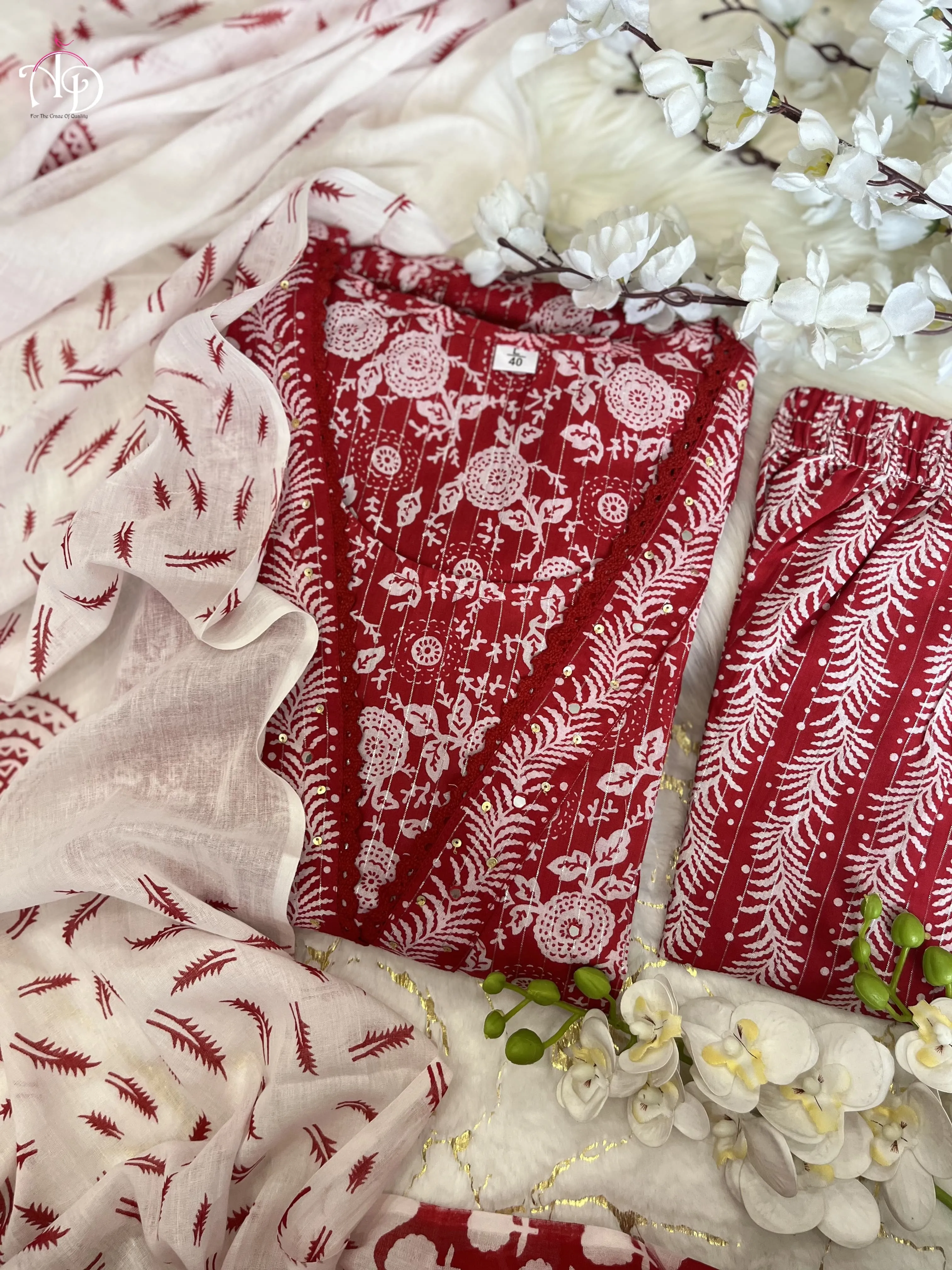 Women's Cotton Printed Red Kurta Set With Palazzo & Dupatta