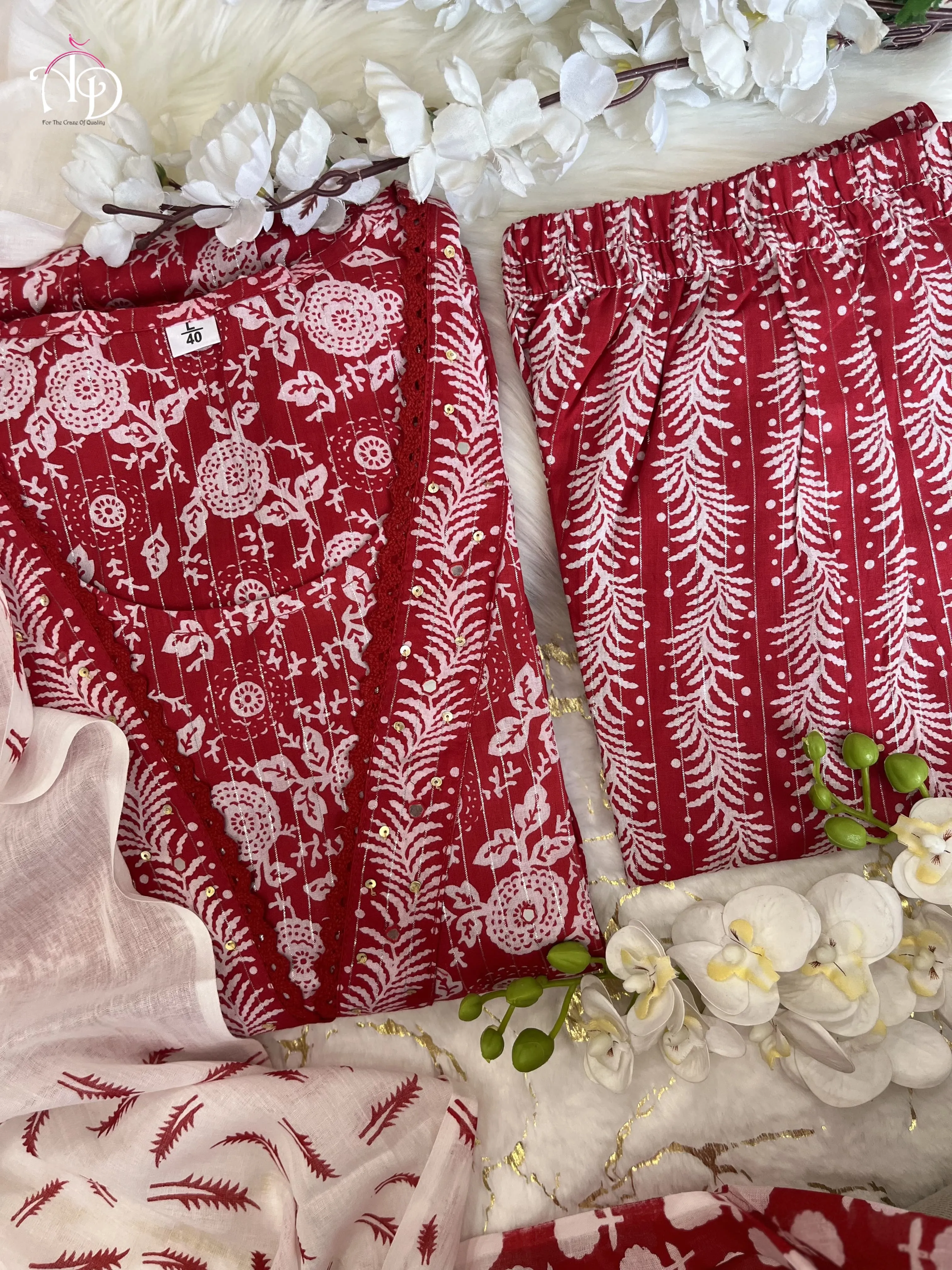 Women's Cotton Printed Red Kurta Set With Palazzo & Dupatta