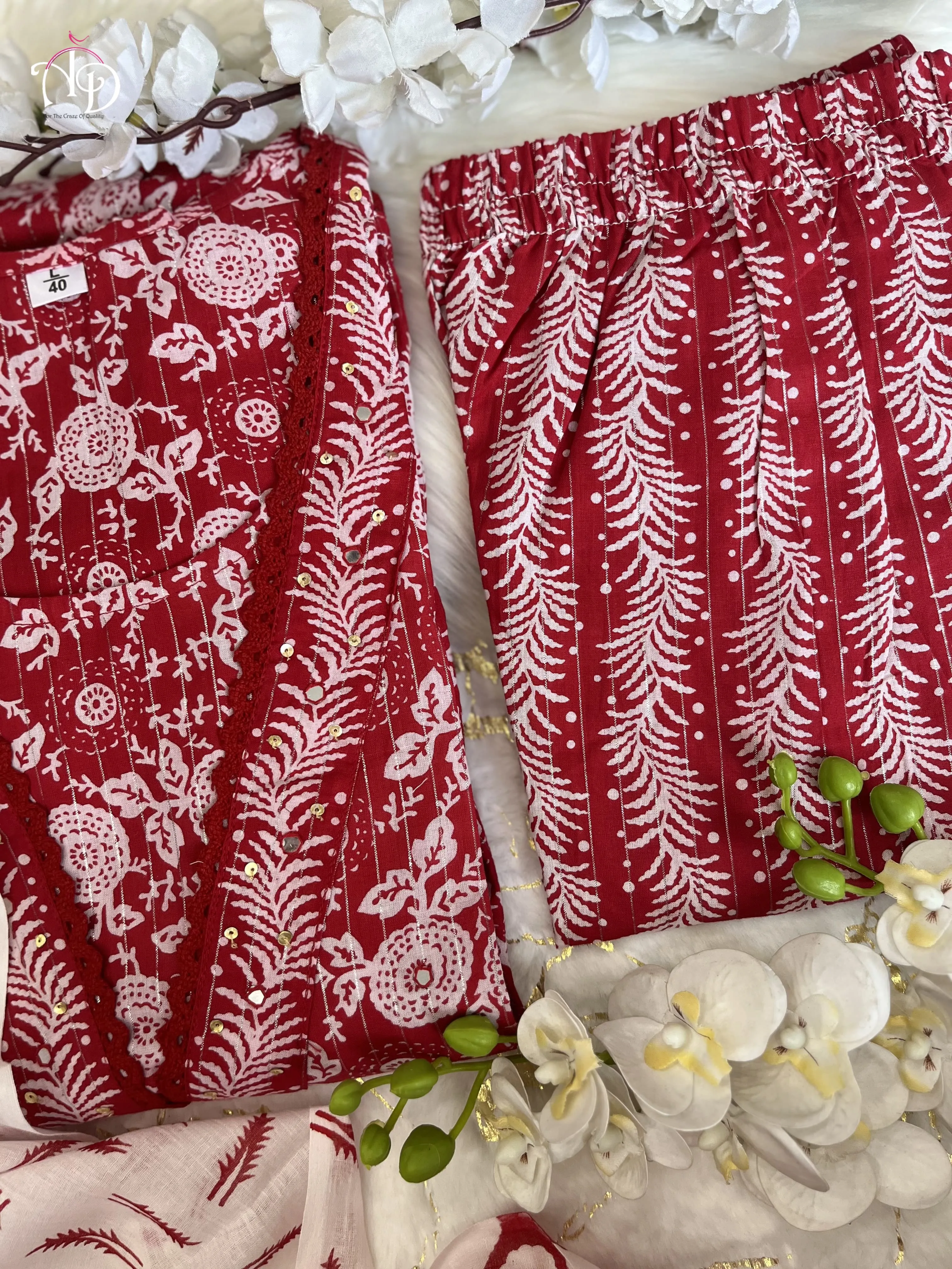 Women's Cotton Printed Red Kurta Set With Palazzo & Dupatta